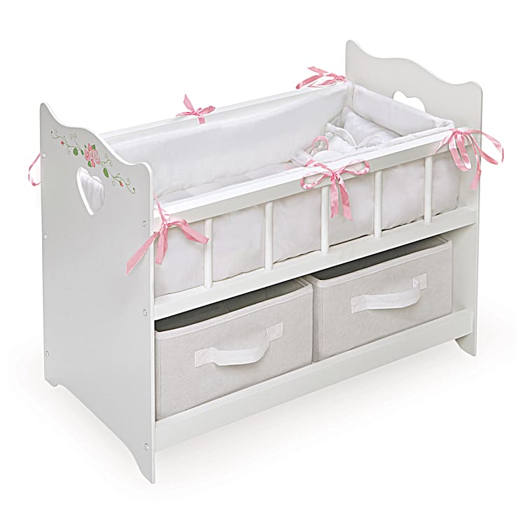 White Baby Doll Crib Accessory For Dolls Up To 20 Featuring A Padded Liner  With Pillow Set & 2 Removable Baskets That Provide Plenty Of Storage